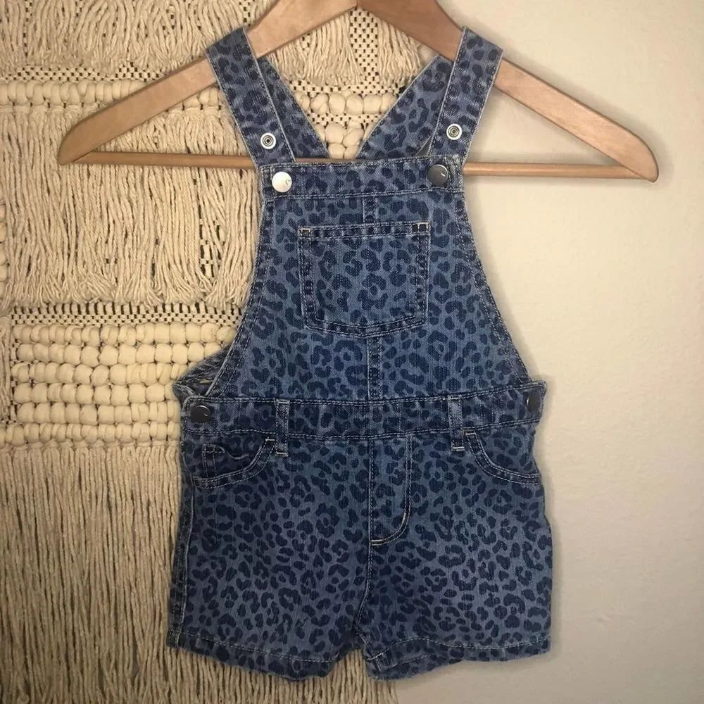 Girls Leopard Denim Overalls 3T